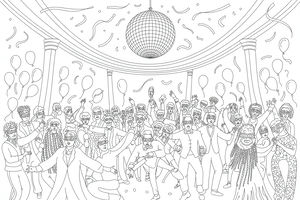 Ein detailliertes Ausmalbild eines vollen Ballsaals, in dem Gäste in eleganter Kleidung und Augenmasken tanzen. Eine glitzernde Diskokugel hängt mittig über ihnen, umgeben von schwebenden Ballons und fallenden Luftschlangen.