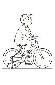 Criança sorridente de boné andando de bicicleta com rodinhas, desenho de linhas simples para colorir
