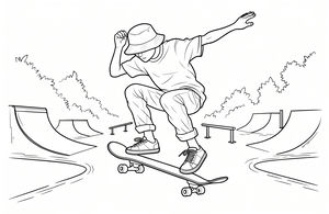 Un adolescent portant un bob et des baskets effectue un saut sur un skateboard. En arrière-plan du skatepark se trouvent des rampes, des rails métalliques et des silhouettes d'arbres feuillus.