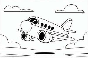 Ein einfaches Comic-Flugzeug mit zwei großen runden Triebwerken fliegt durch einen Himmel voller weicher Wolken. Die Zeichnung hat dicke schwarze Umrisse, kleine Kabinenfenster und klare Formen.