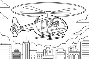 Ein Rettungshubschrauber mit großen rotierenden Rotorblättern fliegt über eine Stadtlandschaft mit Wolkenkratzern. Zwei Piloten sitzen in der Glaskanzel und einer winkt. Die Zeichnung hat klare, kräftige Linien zum Ausmalen.