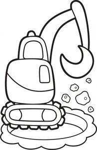 Ein Cartoon-Bagger mit dicken schwarzen Umrissen steht neben einem runden Loch. Sein gebogener Arm und die Schaufel sind angehoben und lassen kleine Steine zu Boden fallen. Die Maschine hat abgerundete Formen und große Ketten, ideal zum Ausmalen.