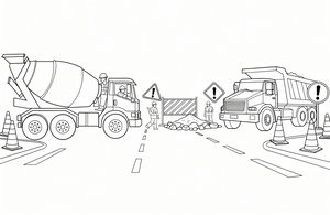 Eine Strichzeichnung zum Ausmalen, die eine Straßenbaustelle zeigt. Ein Betonmischer steht links und ein Lastwagen rechts, umgeben von Warnschildern, Leitkegeln und Arbeitern mit Schutzhelmen auf einer Straße.