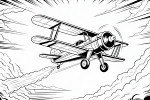 Eine detaillierte Linienzeichnung eines historischen Doppeldeckers mit zwei Tragflächen, der durch einen Himmel voller flauschiger Wolken fliegt. Der Propeller dreht sich und eine lange Rauchspur folgt dem Flugzeug, während Geschwindigkeitslinien eine schnelle Bewegung in der Luft erzeugen.