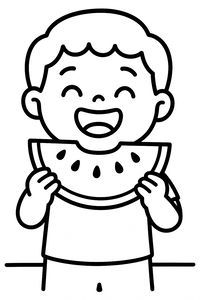 Desenho de linhas simples de uma criança sorridente segurando e comendo uma fatia grande de melancia com sementes
