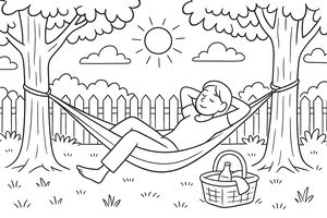 Omalovánka s čárovou grafikou člověka ležícího v houpací síti natažené mezi dvěma velkými stromy, se sluncem, mraky na obloze, dřevěným plotem a proutěným piknikovým košem na trávě