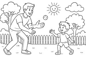 Um pai feliz e o seu filho pequeno lançam uma bola de basebol um ao outro no jardim. A cena inclui uma vedação, árvores com folhas e um sol sorridente no céu com nuvens. Ambos usam sapatilhas e roupa de verão confortável.