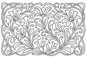 Disegno da colorare con tre grandi fiori Art nouveau e tralci intrecciati in un bordo decorativo