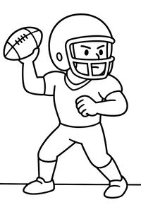 Desenho de linha simples em preto e branco de um jogador de futebol americano de capacete e uniforme arremessando uma bola
