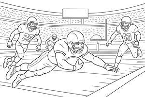 Un giocatore di football americano in tenuta completa si tuffa orizzontalmente verso la linea di meta stringendo la palla. Due difensori lo inseguono davanti a uno stadio gremito.