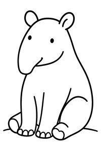 Un semplice disegno a linee di un tapiro amichevole seduto a terra. L'animale ha un lungo muso, piccole orecchie tonde e grandi zampe con contorni spessi.