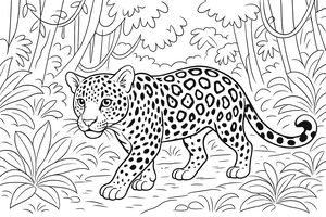 Un grande giaguaro maculato cammina lungo un sentiero sterrato in una fitta giungla. Il felino presenta le tipiche rosette sul mantello ed è circondato da grandi foglie tropicali, liane e tronchi d'albero robusti.