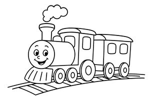 Eine lächelnde Spielzeuglokomotive mit einem glücklichen Gesicht fährt auf einfachen Eisenbahnschienen. Sie hat einen Schornstein mit einer kleinen Rauchwolke und einen Waggon, der am Heck angekoppelt ist.