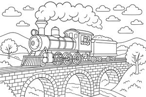 Eine detaillierte Strichzeichnung eines Dampfzuges, der über eine hohe Steinbrücke über einen Fluss fährt. Aus dem Schornstein steigen dicke Rauchwolken auf, und ein Lokführer winkt aus dem Fenster. Der Hintergrund zeigt Hügel, Bäume und kleine Wolken in einer Landschaft.
