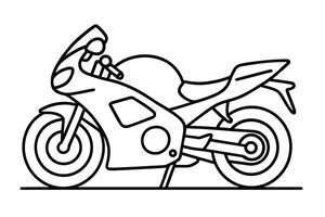 Eine Schwarz-Weiß-Zeichnung eines Sportmotorrads, das auf einer ebenen Fläche mit ausgeklapptem Ständer steht. Das Motorrad hat einen großen Tank, eine Windschutzscheibe und klobige Reifen.
