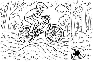 Čárová grafika horského cyklisty skákajícího přes zemní hromadu na lesní stezce se stromy v pozadí a přilbou na zemi