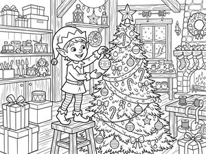 Un lutin souriant sur un tabouret décore un sapin de Noël avec des boules dans un atelier rempli de cadeaux, de jouets et de chaussettes de Noël.