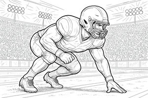 Um jogador de futebol americano musculado com capacete e proteções agacha-se no relvado em posição de partida. Uma multidão de adeptos enche as bancadas do estádio sob luzes brilhantes.