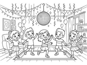 Cinco crianças felizes dançam juntas numa sala de estar decorada. Uma grande bola de espelhos está no centro cercada por balões e serpentinas enquanto as crianças sorriem.