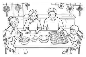 Eine Großmutter, zwei Elternteile und ein kleines Kind sitzen an einem Küchentisch und formen traditionelle Dumplings. Der Raum ist mit chinesischen Knoten und Scherenschnitten dekoriert, die von der Decke hängen. Tabletts mit fertigen Teigtaschen sowie Schüsseln mit Teig und Füllung stehen auf dem Tisch.
