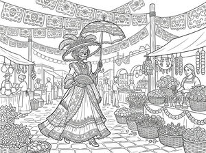 Catrina w ozdobnej sukni i kapeluszu z piórami trzyma parasolkę, idąc przez targ pełen aksamitek i wiszących girland papel picado.