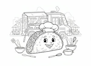 Desen linear al unui personaj taco fericit purtând o pălărie de bucătar stând în fața unui food truck, înconjurat de palmieri, ustensile de bucătărie și boluri