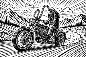 Ein Motorradfahrer auf einem Chopper mit hohem Lenker fährt schnell eine Bergstraße hinunter. Dramatische Geschwindigkeitslinien füllen den Himmel und Rauch steigt aus dem Auspuff auf, mit spitzen Bergen und einer untergehenden Sonne im Hintergrund.