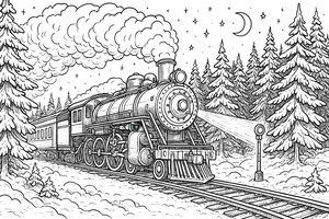 Detaillierte Strichzeichnung einer alten Dampflokomotive mit großen Rauchwolken, die nachts durch einen verschneiten Kiefernwald fährt. Die Scheinwerfer des Zuges leuchten auf die Schienen, während eine Mondsichel und Sterne am Himmel über den hohen Nadelbäumen erstrahlen.