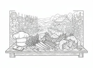 Ein rustikaler Holztisch mit einer großen Ernte aus Maiskolben, Karotten und Brokkoliköpfen neben einer weißen Kochmütze. Im Hintergrund führt ein Gartenpfad an Sonnenblumen und einem Kürbisbeet vorbei zu einem kleinen Gartenhäuschen unter klarem Himmel.