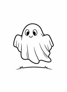 Fantasma de desenho animado sorridente com olhos grandes a flutuar sobre uma linha de chão curva.
