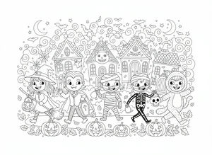 Cinque bambini in costume di Halloween passano davanti a case decorate. Una strega con la scopa, un vampiro con una bara, una mummia, uno scheletro e un gatto sfilano sotto un cielo stellato.