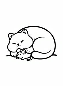 Gato gordinho e fofo enrolado a dormir enquanto abraça um rato de brinquedo, traços simples.