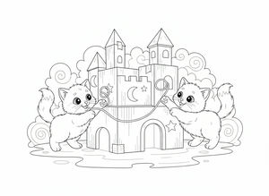 Zwei Kätzchen mit großen Augen spielen mit einer Schnur vor einem fantasievollen Kartonschloss mit Türmen, Sternen und Wolken.