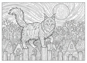 Vysoce detailní kresba kočky Maine Coon stojící na dřevěném plotě nad střechami vesnice, s holými stromy a úplňkem na noční obloze.