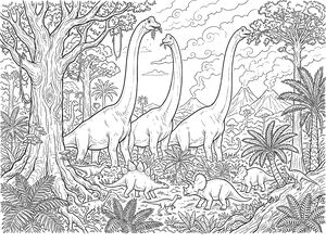 Tři brachiosauři s dlouhými krky žerou listy z vysokých stromů v pravěké džungli. Na zemi jdou triceratops a stegosaurus mezi kapradinami a v pozadí dýmají aktivní sopky.