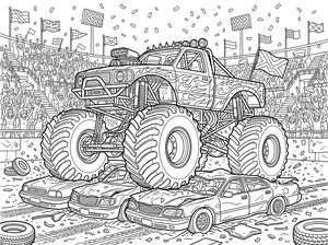 Ein Monstertruck mit riesigen Reifen zerquetscht Autos in einem vollen Stadion vor jubelnden Zuschauern, wehenden Fahnen und Flutlicht.
