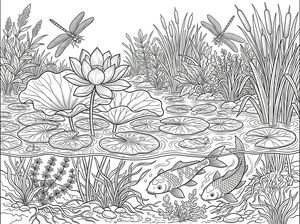 Um desenho para colorir detalhado que mostra um corte transversal de um lago. Uma grande flor de lótus floresce à superfície perto de libélulas e dois peixes koi nadam abaixo.