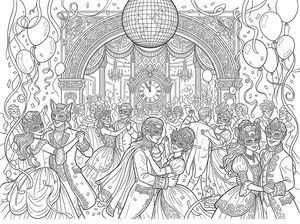 Eine kunstvolle Ballsaal-Szene, in der Paare in detaillierten Masken und historischen Kostümen tanzen. Eine große Discokugel hängt von der Decke, und eine prächtige Uhr im Hintergrund zeigt fast Mitternacht inmitten von flatterndem Konfetti.
