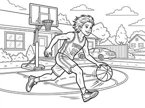 Ein Kind im Basketballtrikot dribbelt einen Ball auf einem kleinen Platz vor dem Haus, mit Basketballkorb, Auto und Bäumen im Hintergrund.