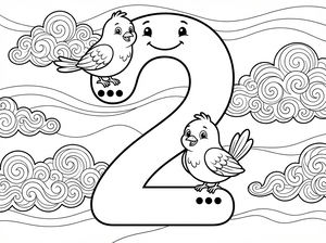 Um número dois grande com rosto sorridente e dois pequenos pássaros sentados em cima. Pontos de contagem aparecem sob os pássaros num fundo com nuvens decorativas.