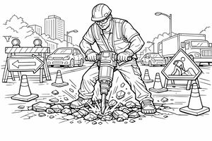 Ein Bauarbeiter mit Schutzhelm und Schutzbrille bearbeitet den Asphalt mit einem Presslufthammer. In der Umgebung sieht man orangefarbene Verkehrskegel, ein Baustellenschild und Autos, die an Gebäuden vorbeifahren.