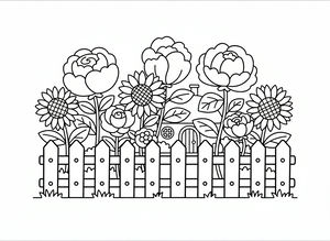 Un semplice disegno a tratteggio di una casetta con una finestra rotonda dietro una staccionata di legno. Grandi girasoli e peonie sovrastano la casa.