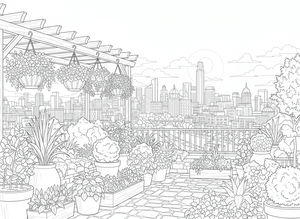 Desenho de linha detalhado de um jardim num terraço com pavimento de pedra, uma pérgula de madeira e arbustos. Cestos suspensos com flores em primeiro plano e uma cidade densa ao fundo.
