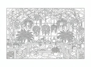 Interior de uma estufa com plantas exuberantes, cestos suspensos, samambaias em vasos e ferramentas de jardinagem no chão e bancadas.