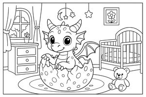 Um fofo bebé dragão com pequenos chifres e asas nasce de um ovo manchado num quarto de criança. O quarto tem um berço, um urso e um móbile de estrelas.