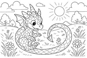Um bebé dragão feliz com escamas de cristal em estilo mosaico está sentado num campo de erva a olhar para a sua cauda comprida. O fundo apresenta um sol radiante, árvores arredondadas e margaridas no primeiro plano.