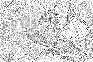Un drago con scaglie di cristallo che tiene e legge un grande libro in una grotta di cristallo piena di scaffali di libri