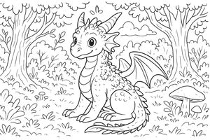 Um dragão amigável está sentado como um gato numa clareira da floresta. Tem pequenos chifres, escamas detalhadas e asas de morcego. Árvores grandes e cogumelos rodeiam o dragão sob um céu nublado.