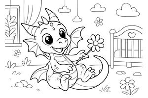 Un amigable bebé dragón está sentado en el suelo de una habitación infantil sosteniendo una flor. Al fondo se ve una cuna de madera con un corazón, una ventana y nubes decorativas.