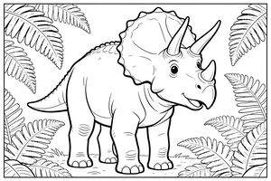 Přátelský triceratops se třemi výraznými rohy a velkým kostěným límcem stojí v pravěké džungli. Velké, detailní listy kapradin rámují dinosaura po obou stranách.